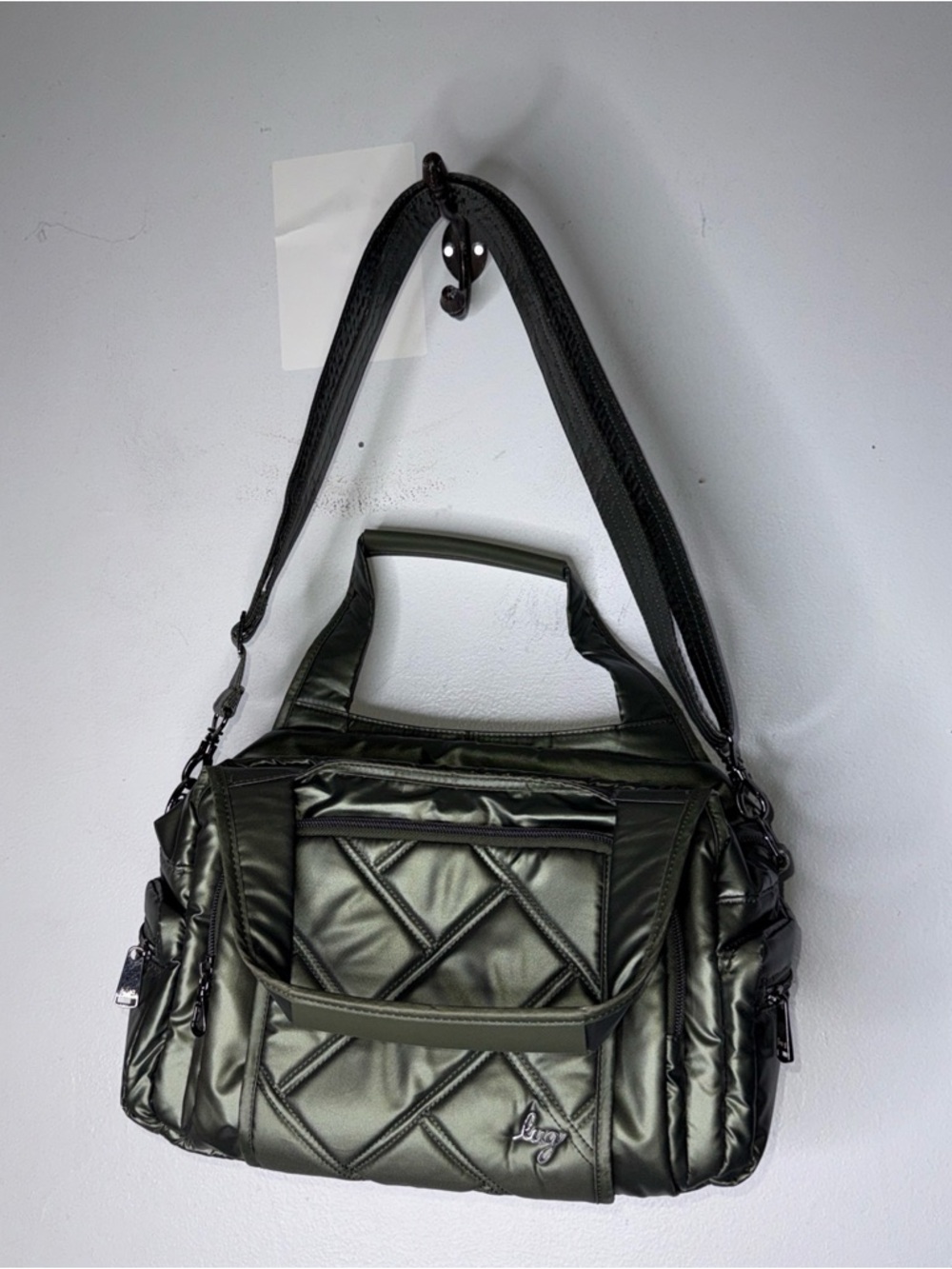 lug Olive Green Quilted Crossbody Bag with Black Strap